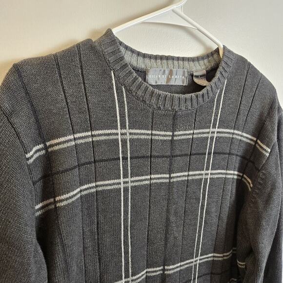 OSCAR DE LA RENTA Men's Sweater Gray Plaid Grid Pull Over Crew Neck Large Preppy - Picture 2 of 5